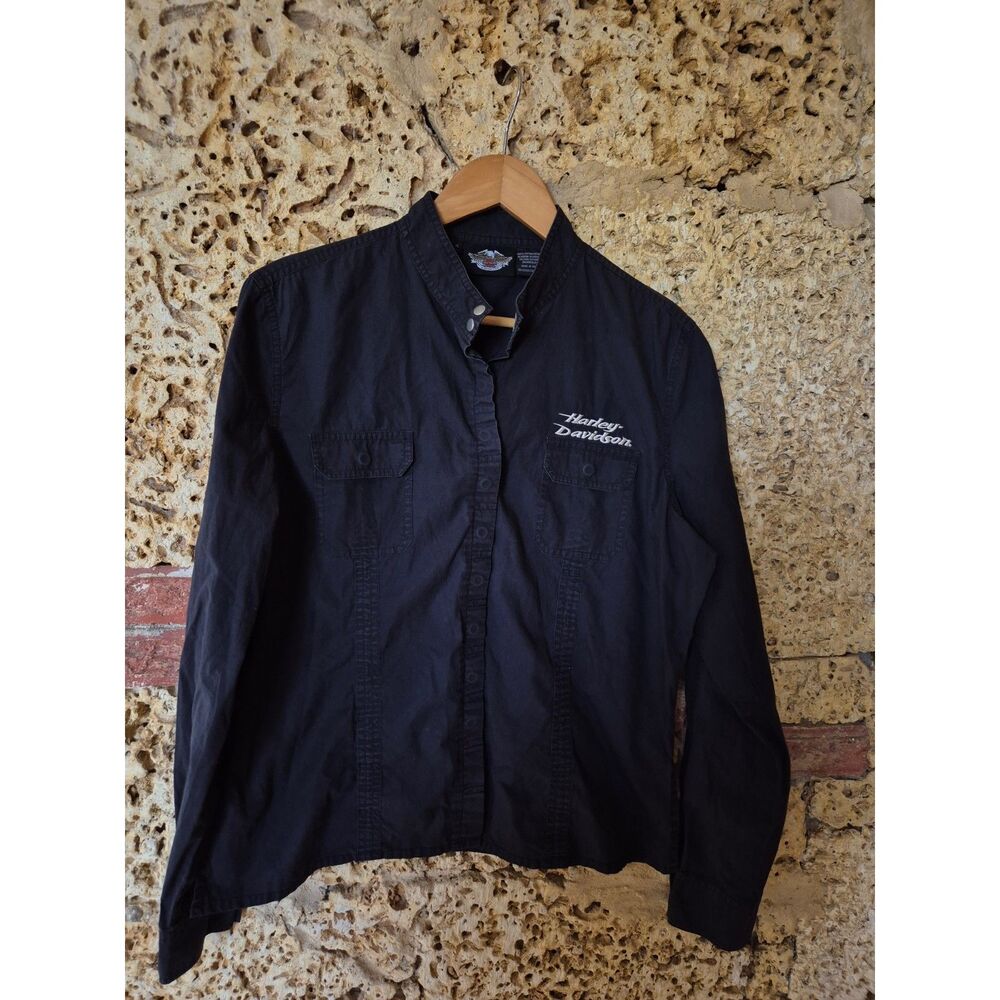 Harley-Davidson Vintage Women's XL Black Snap Front Motorcycle Riding Shirt Embr